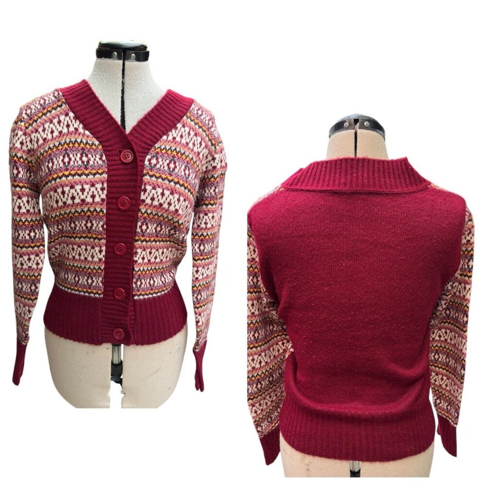 Vintage Pandora V Neck Knit Sweater Cardigan  Women's Small Burgundy Pink